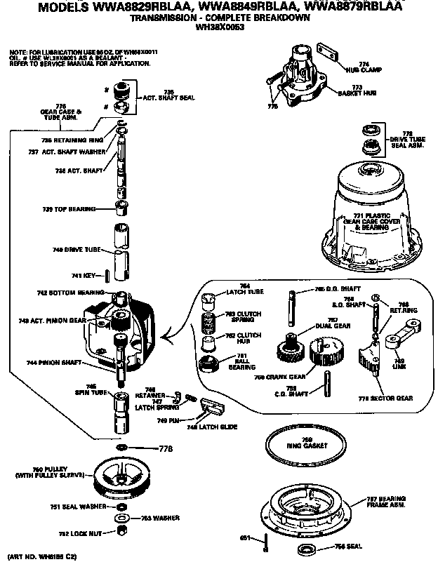 Transmission Diagram and Parts List for WWA8829RBLAA  General Electric Washer