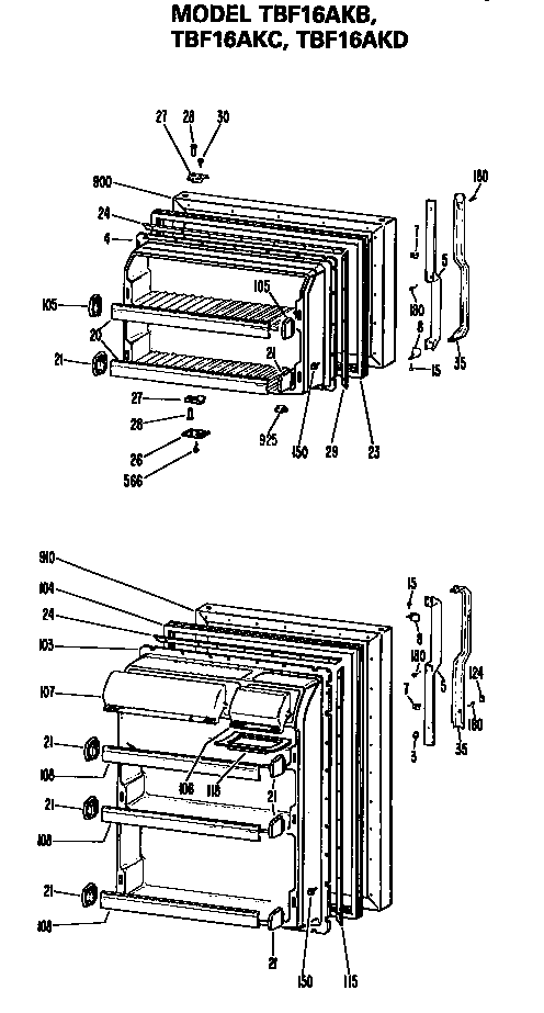 Doors Diagram and Parts List for TBF16AKB  General Electric Refrigerator