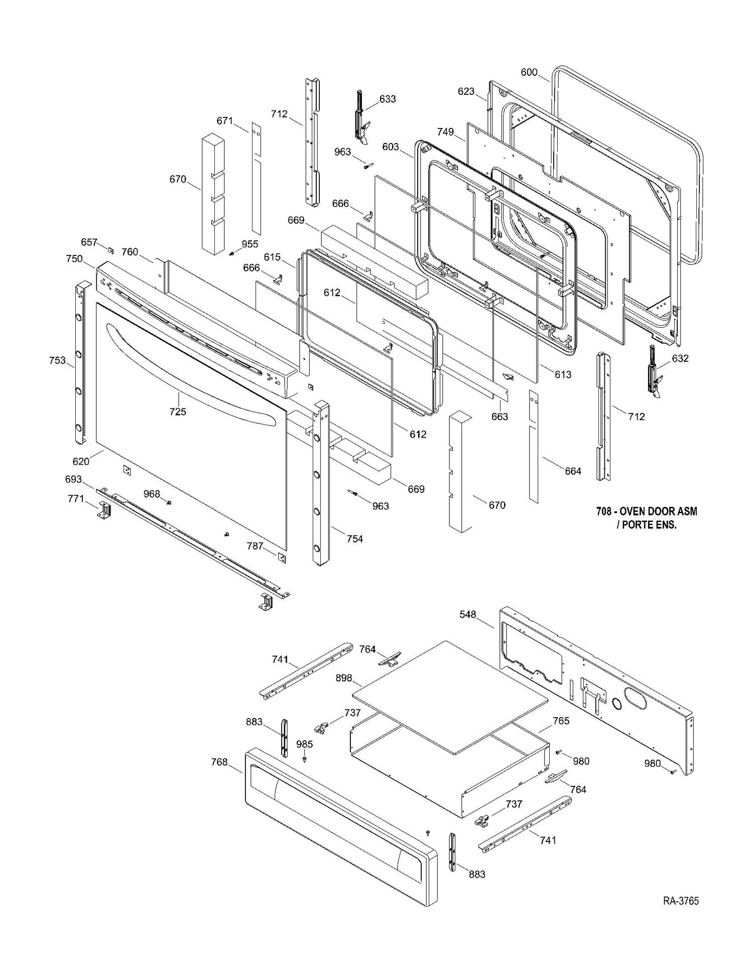 DOOR - DRAWER Diagram and Parts List for JCSP42DR1BB  General Electric Range
