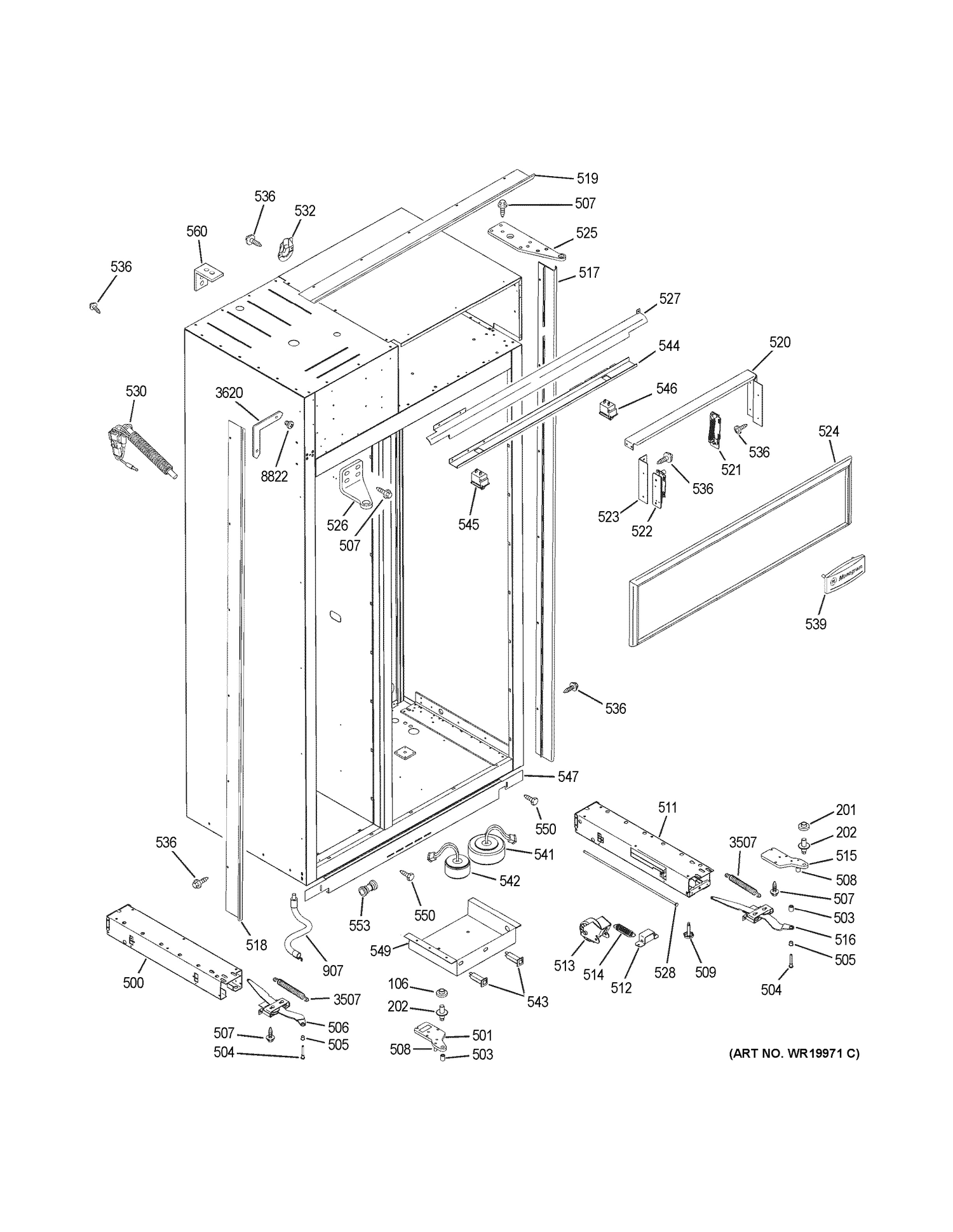 CASE PARTS Diagram and Parts List for ZISB420DRK  General Electric Refrigerator