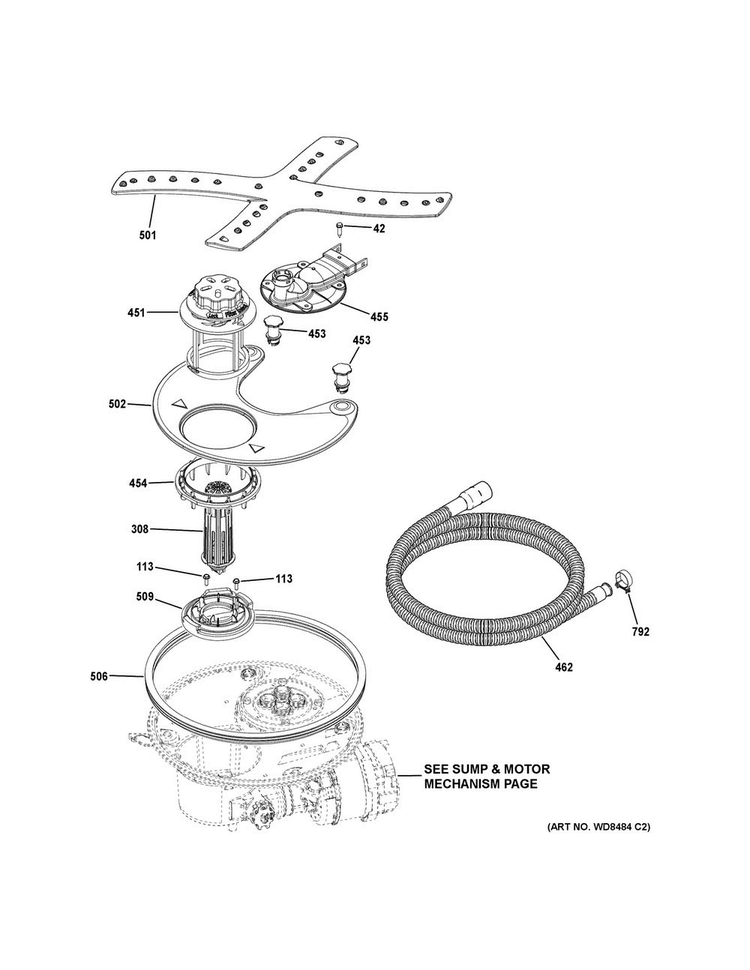 Sump & Filter Assembly Diagram and Parts List for CDT725SSF7SS  General Electric Dishwasher