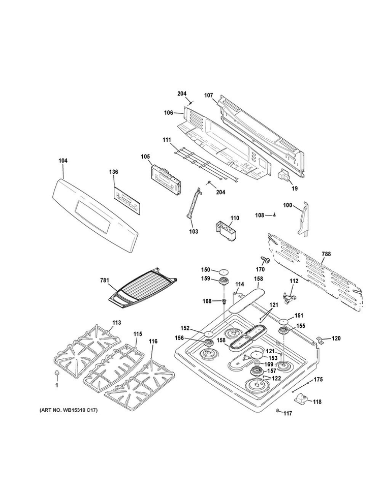 Control Panel & Cooktop Diagram and Parts List for JGB760DEF1BB  General Electric Range