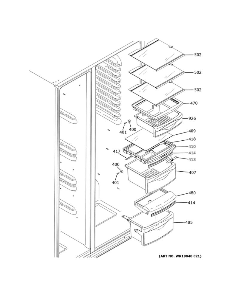 Fresh Food Shelves Diagram and Parts List for GSS25IGNEHWW  General Electric Refrigerator