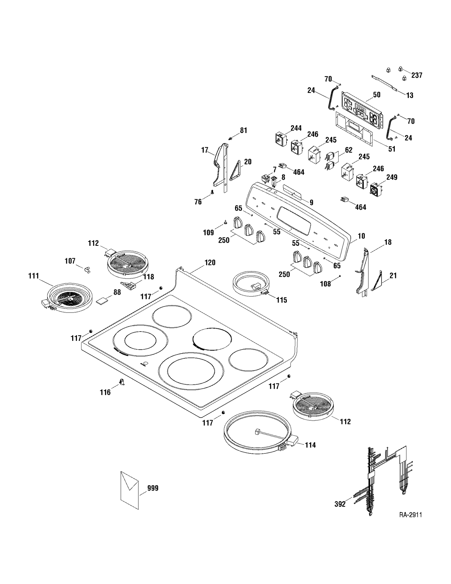 CONTROLS & COOKTOP Diagram and Parts List for JCBP81SP1SS  General Electric Range