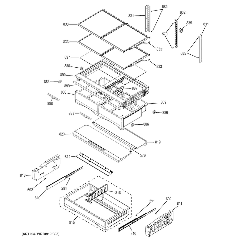 Fresh Food Shelves Diagram and Parts List for GFE28GGKBWW  General Electric Refrigerator