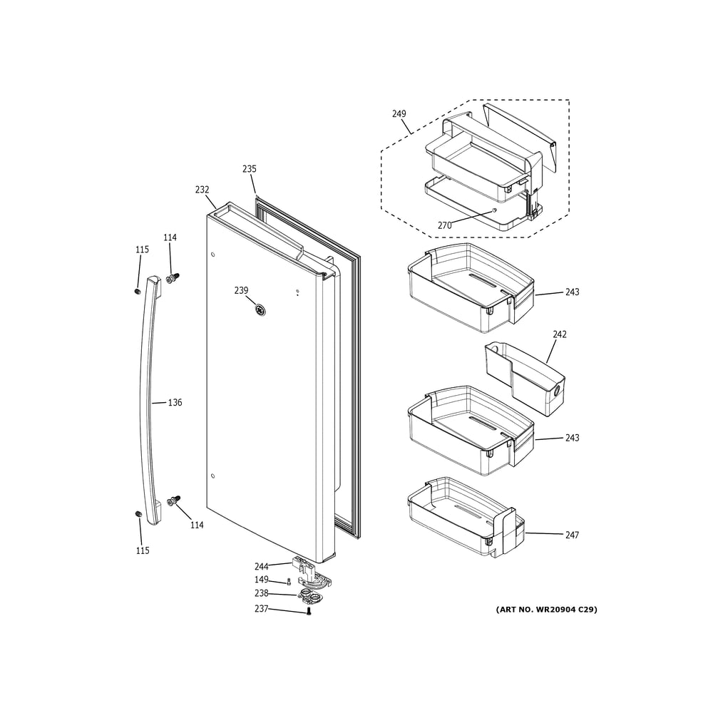 Fresh Food Door - Rh Diagram and Parts List for PWE23KMKPES  General Electric Refrigerator