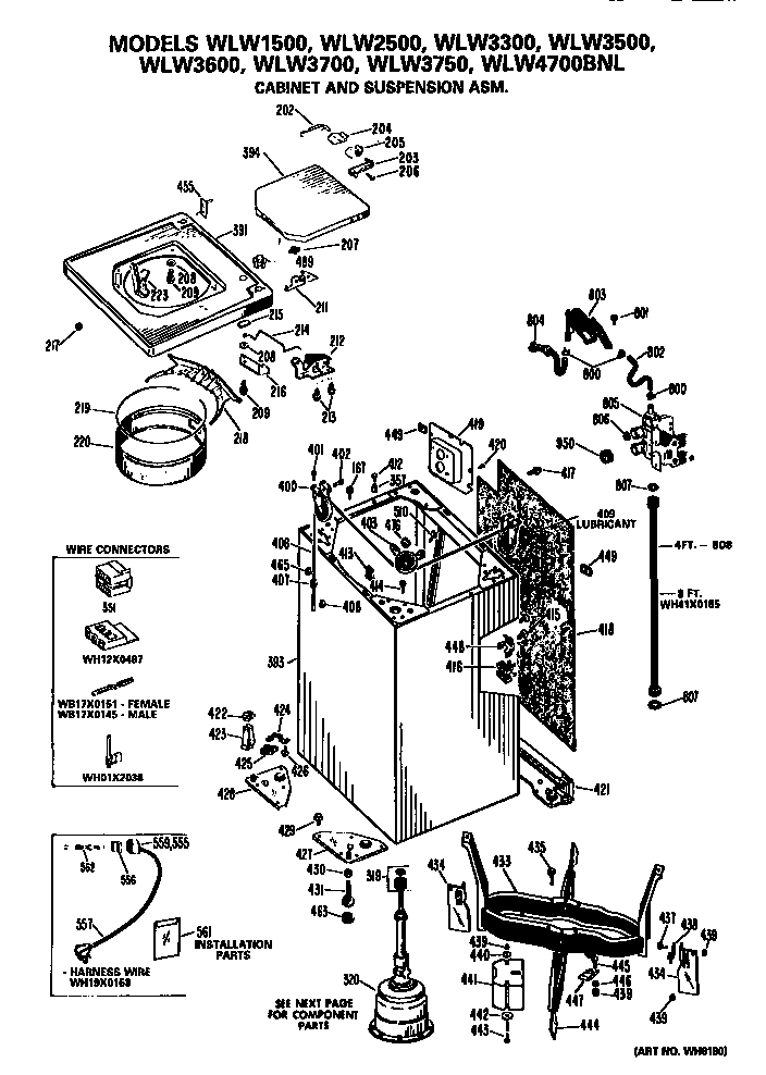 Cabinet And Suspension Assembly Diagram and Parts List for WLW3600PD  Hotpoint Washer