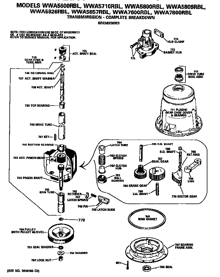 Transmission Diagram and Parts List for WWA5600RBLWW  General Electric Washer
