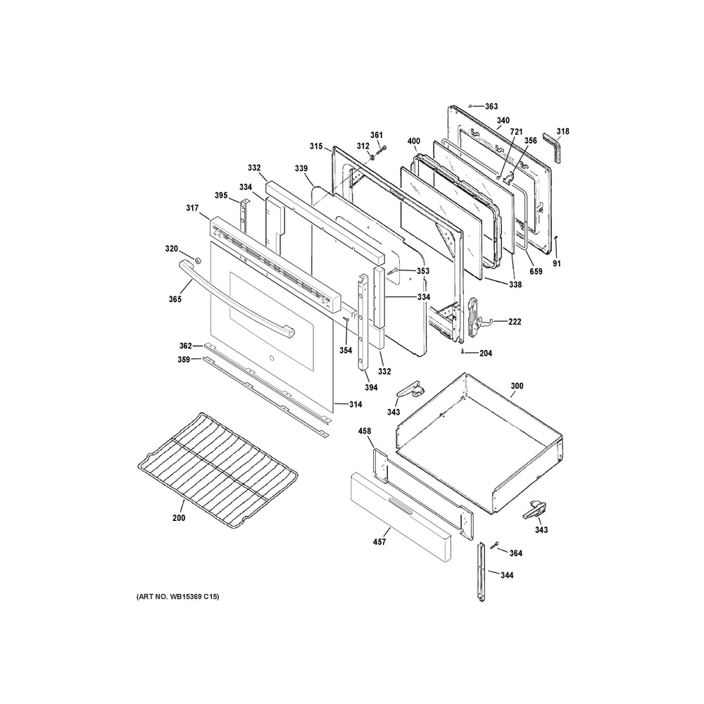 Door & Drawer Parts Diagram and Parts List for JB480SY1SS  General Electric Range