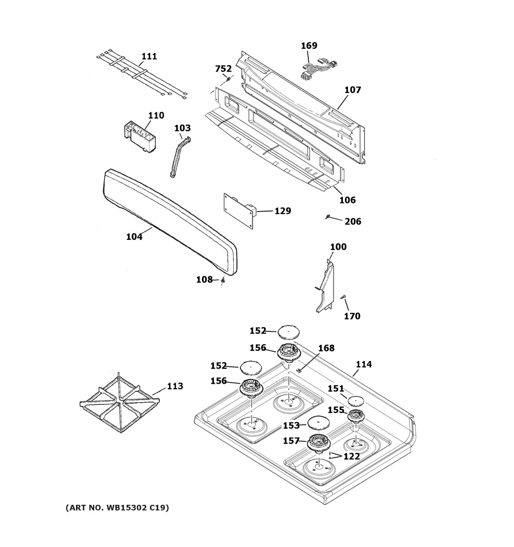 Cooktop Diagram and Parts List for JGB450DEK3WW  General Electric Range