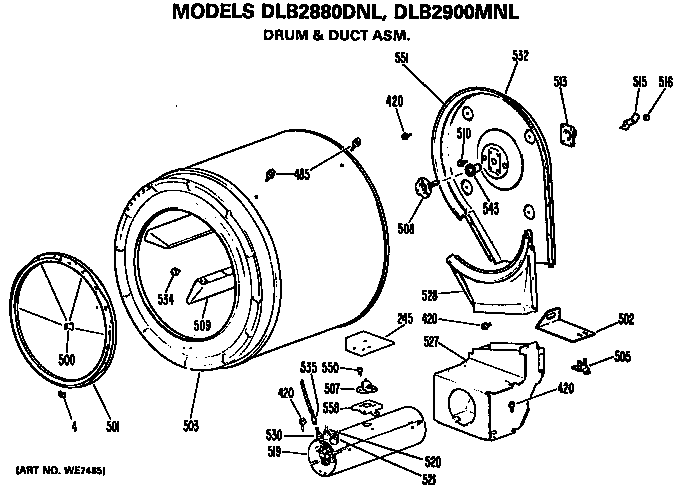 Drum And Duct Assembly Diagram and Parts List for DLB2880DNL  Hotpoint Dryer