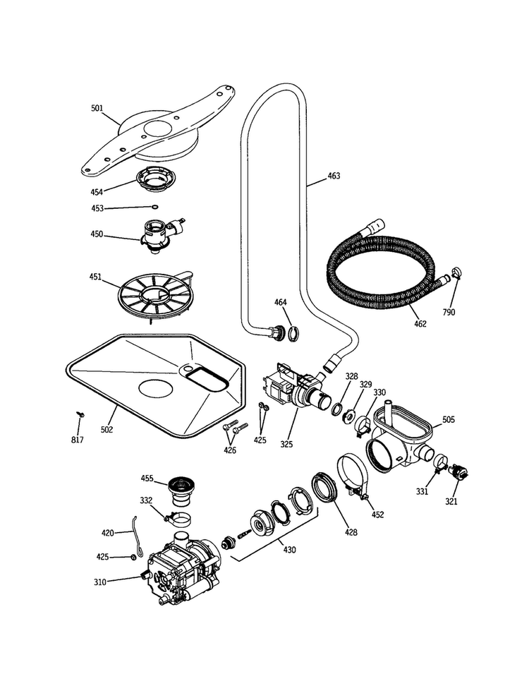 Motor-pump Mechanism Diagram and Parts List for PDW7300GWW  General Electric Dishwasher