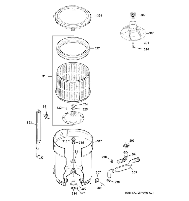 Tub, Basket & Agitator Diagram and Parts List for GCWN4950D2WS  General Electric Washer