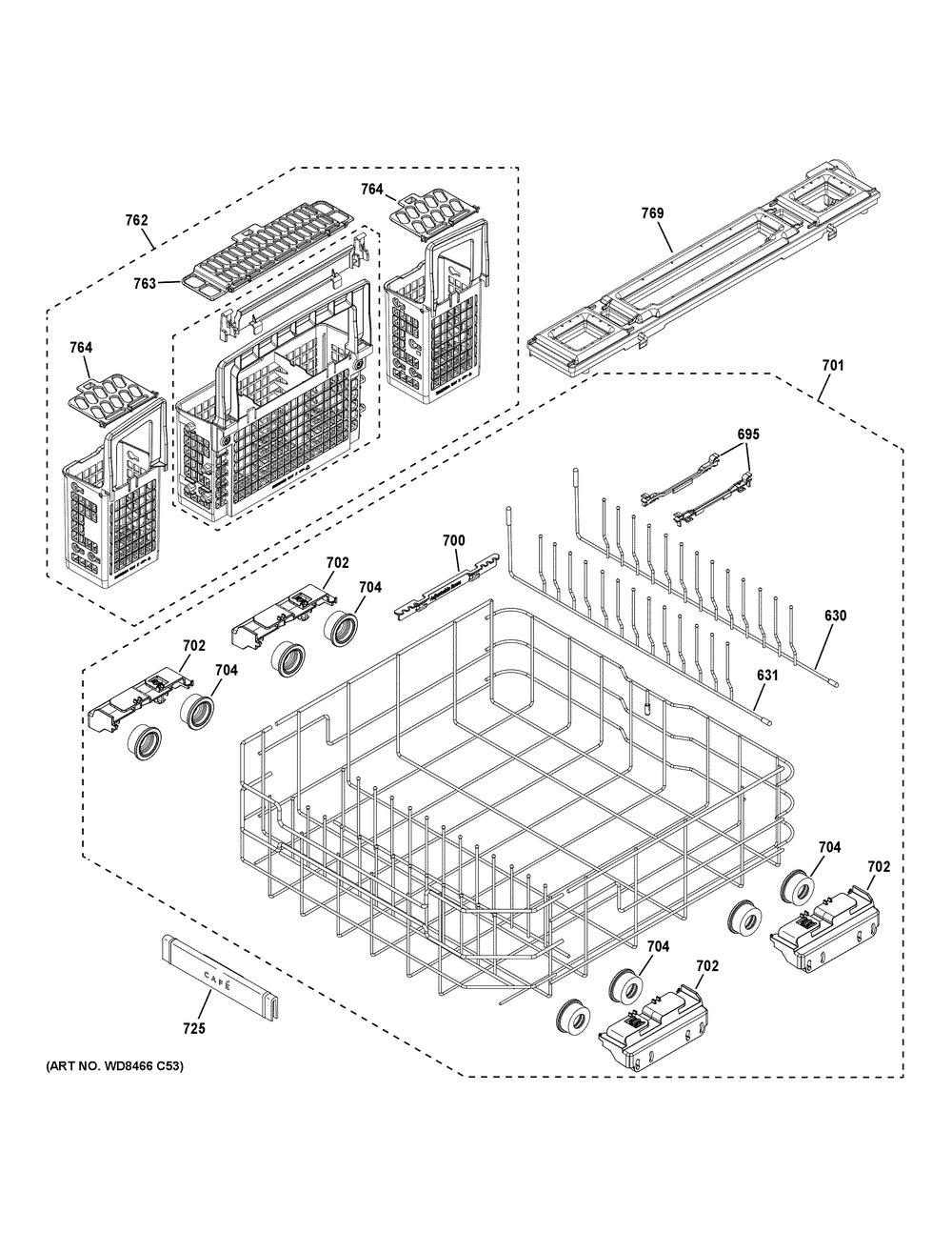Lower Rack Assembly Diagram and Parts List for CDT875P2NBS1  General Electric Dishwasher