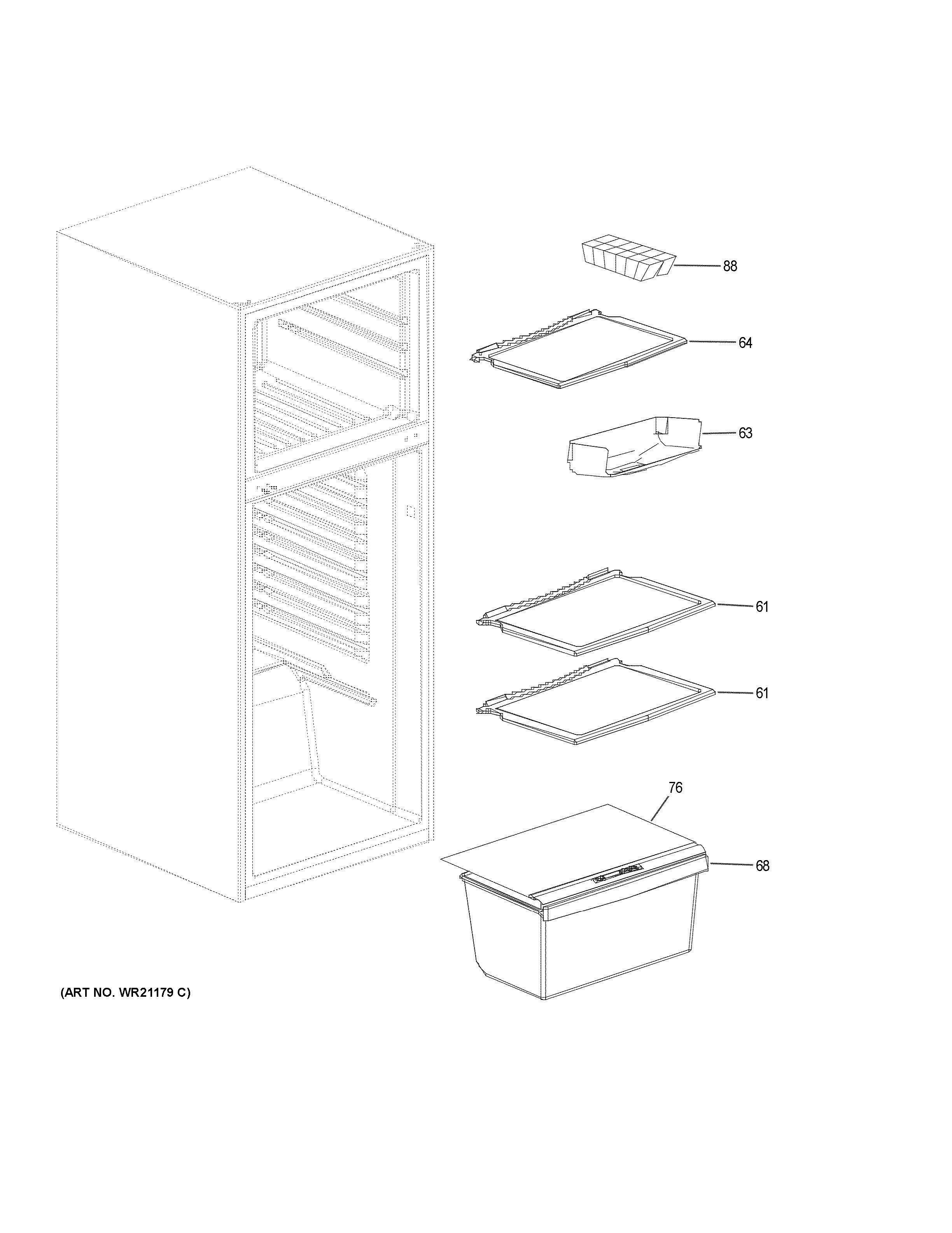 SHELVES DRAWERS Diagram and Parts List for HA10TG31SB  General Electric Refrigerator