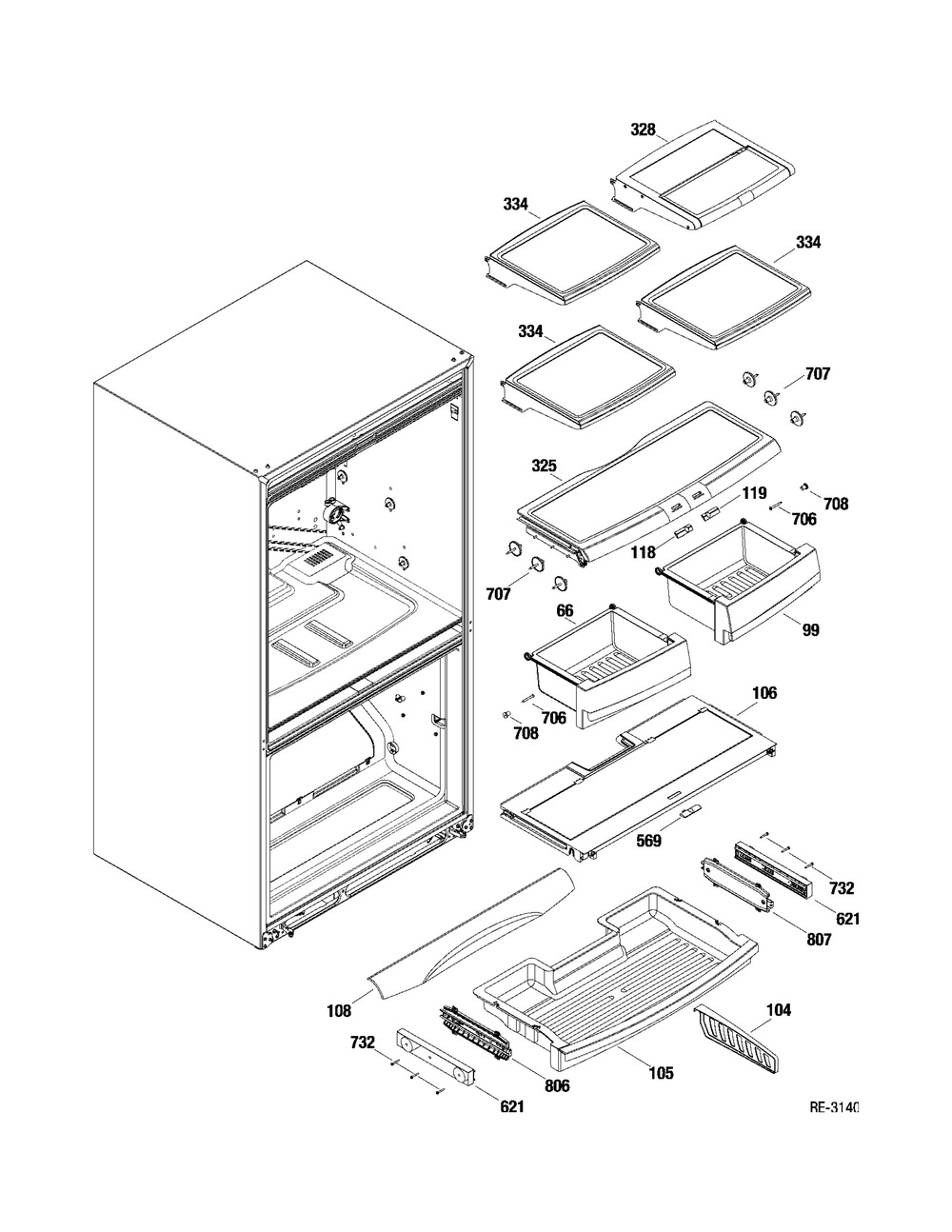 Ff Shelves Diagram and Parts List for PGS25SKEAFSS  General Electric Refrigerator