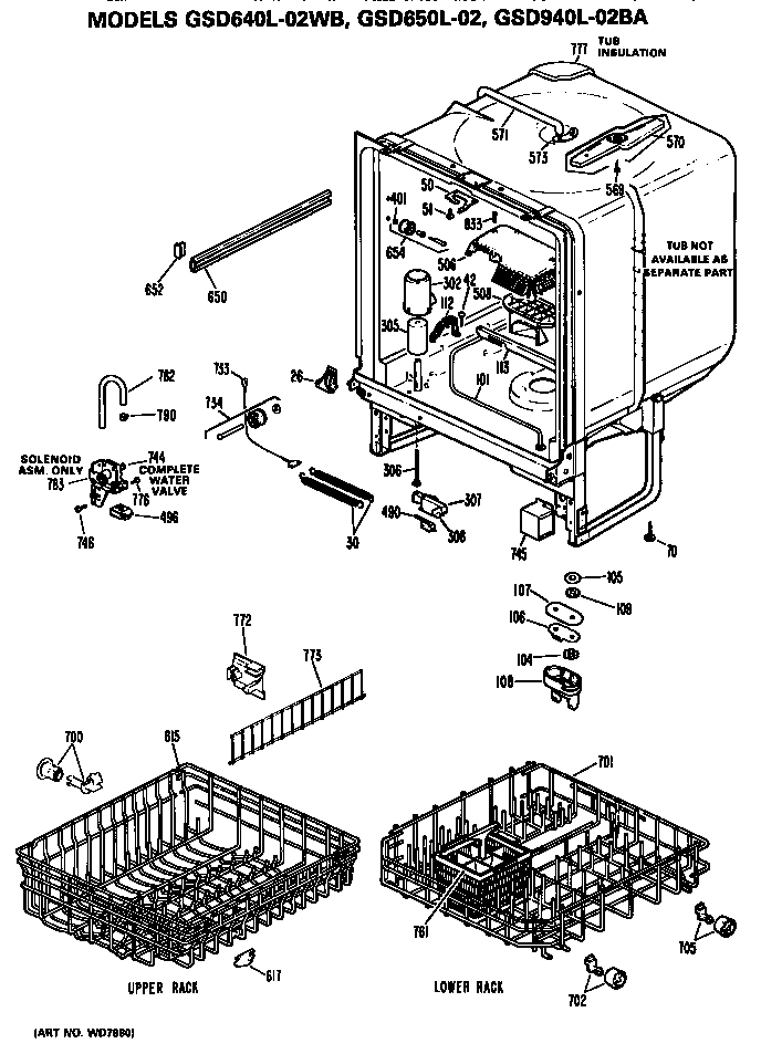 Tub/racks Diagram and Parts List for GSD650L-02  General Electric Dishwasher