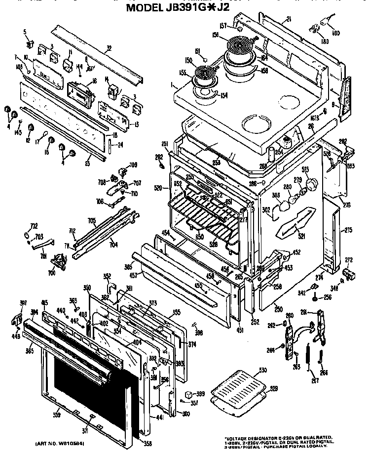 Main Body/cooktop/controls Diagram and Parts List for JB391G*J2  General Electric Range