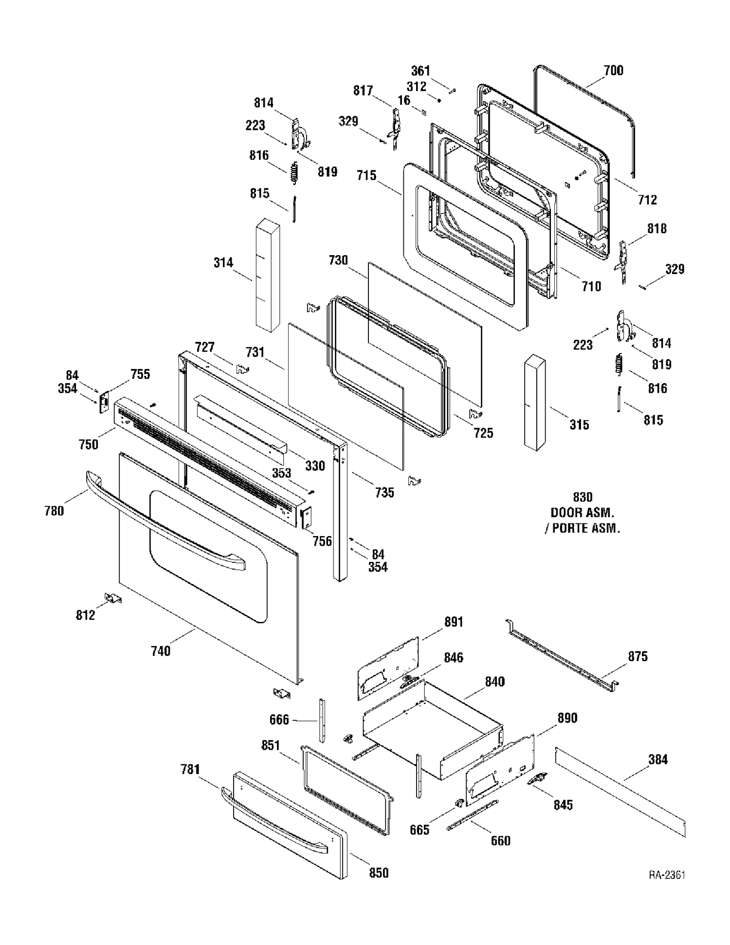 DOOR & DRAWER Diagram and Parts List for RCB790SJ4SA  General Electric Range