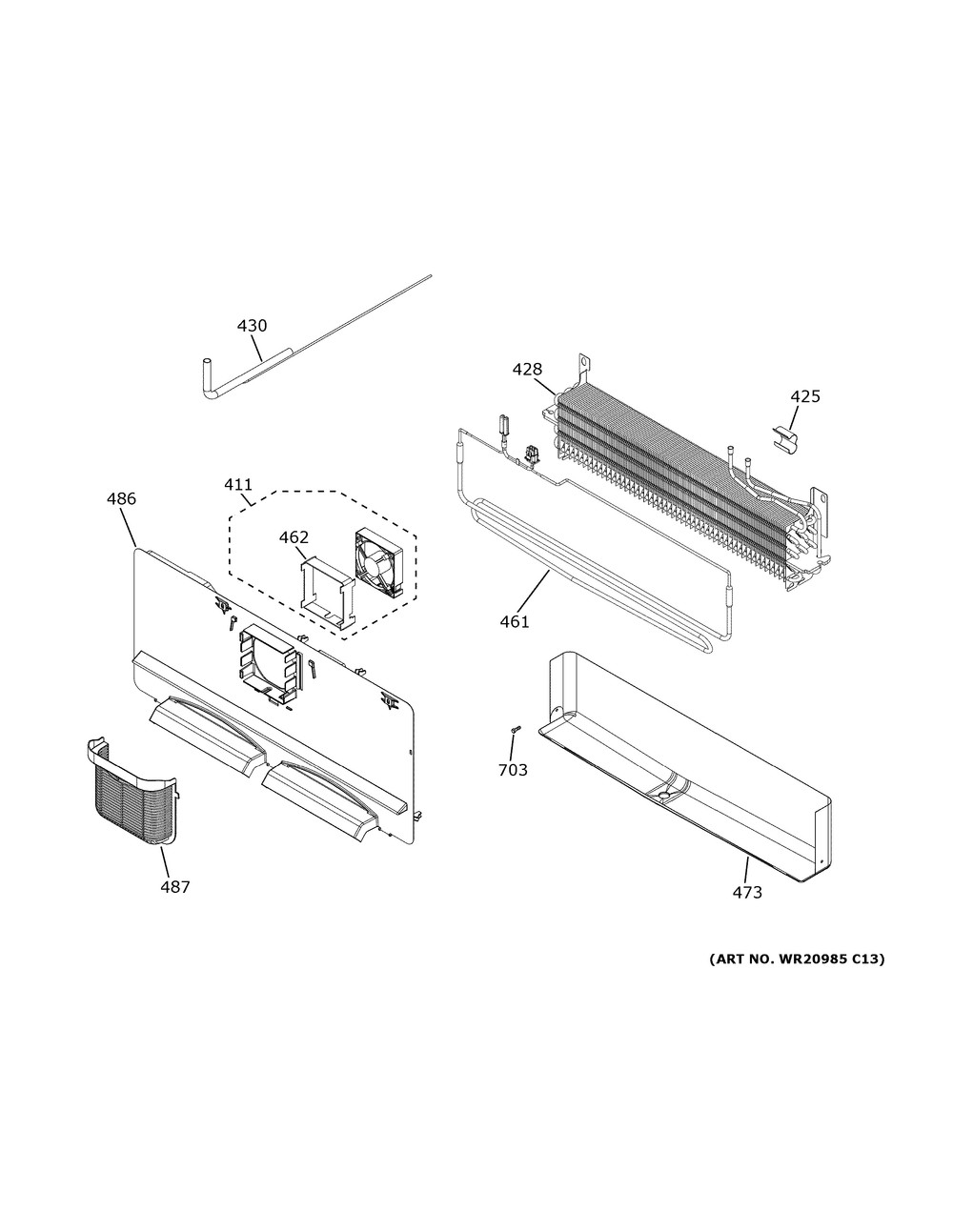 Freezer Section Diagram and Parts List for PYE22KBLSTS  General Electric Refrigerator