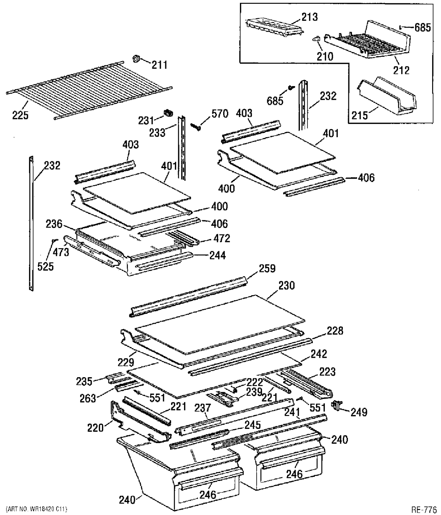 SHELF PARTS Diagram and Parts List for TBX21ABRRWW  General Electric Refrigerator
