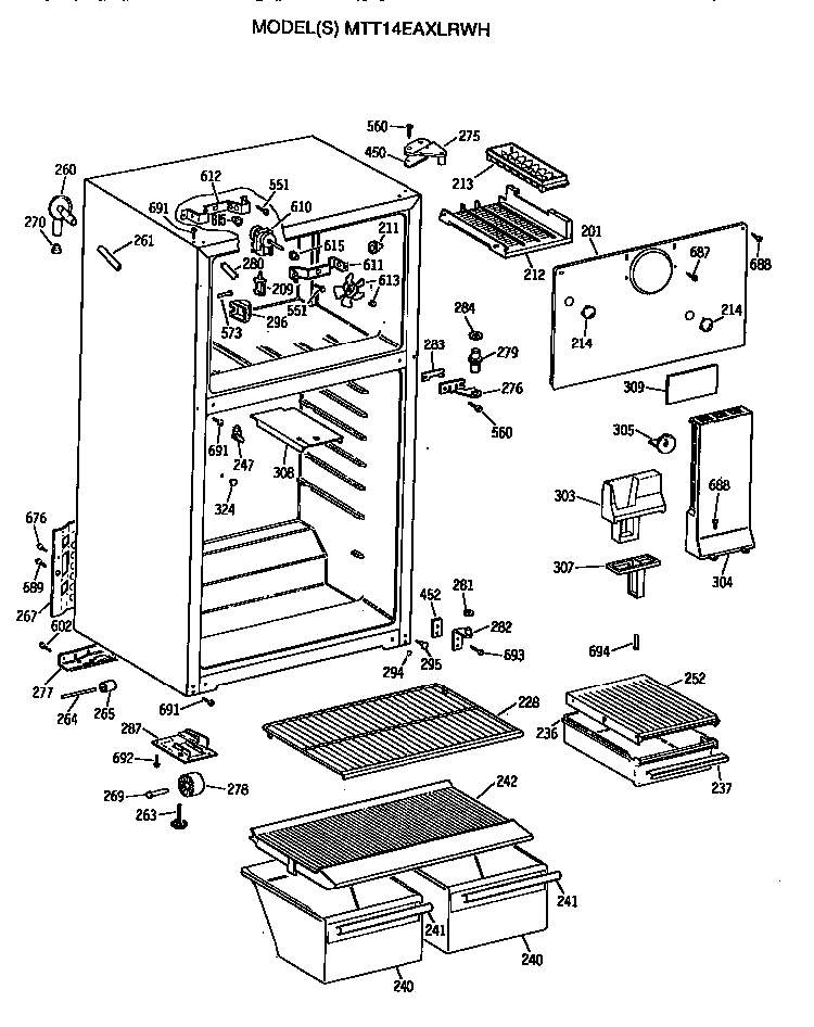 Cabinet Diagram and Parts List for MTT14EAXLRWH  General Electric Refrigerator