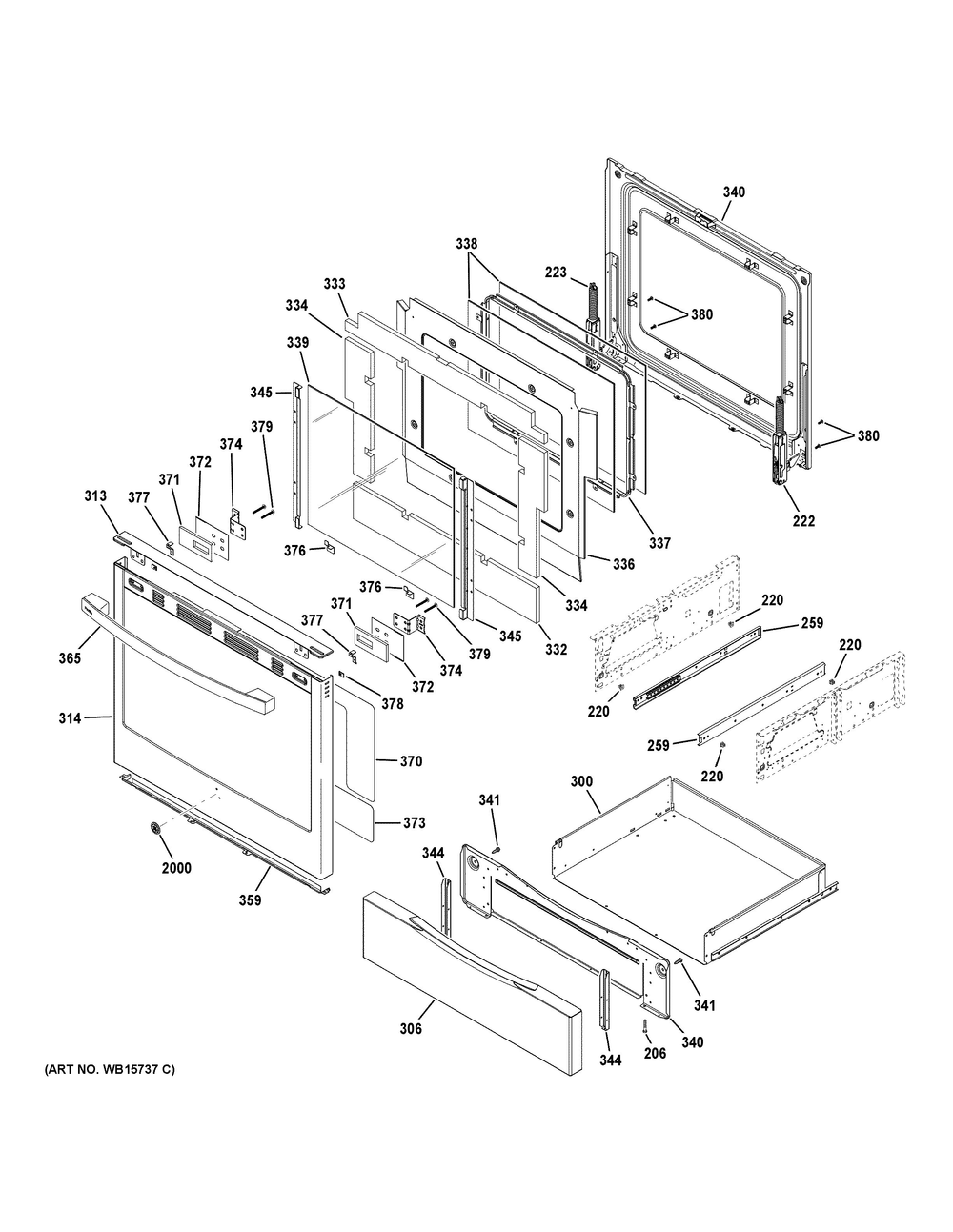 Door And Drawer Parts Diagram and Parts List for PB900YV1FS  General Electric Range