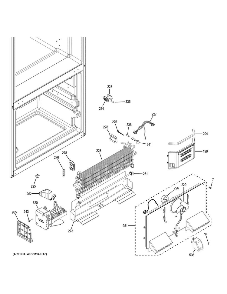 Freezer Section Diagram and Parts List for GNE25JGKAFBB  General Electric Refrigerator