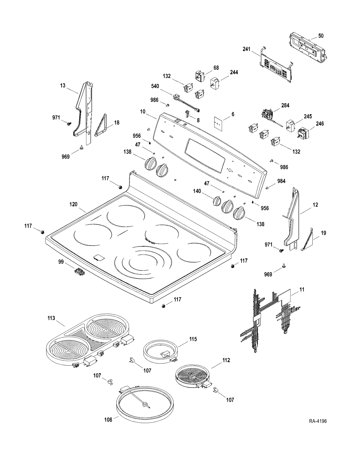 CONTROLS-COOKTOP Diagram and Parts List for PCB969SR1SS  General Electric Range