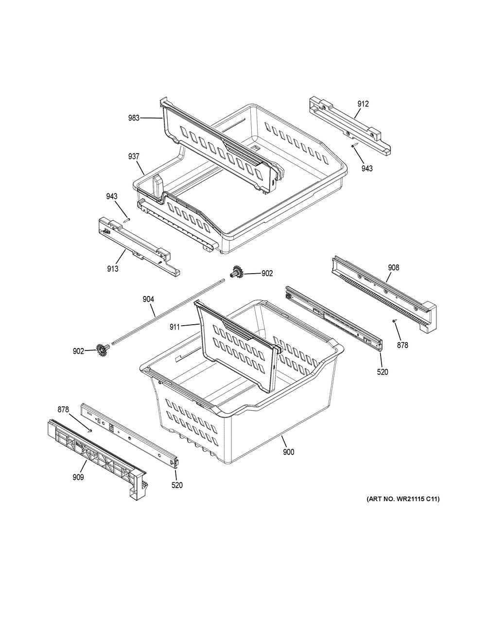 Freezer Shelves Diagram and Parts List for GFE24JBLGFTS  General Electric Refrigerator