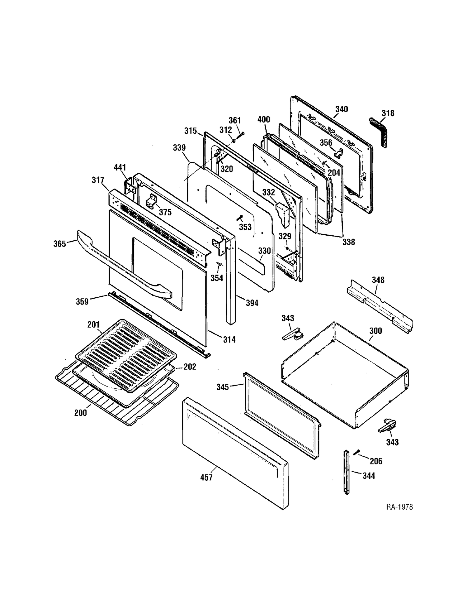 DOOR Diagram and Parts List for JCBP36WK1WW  General Electric Range