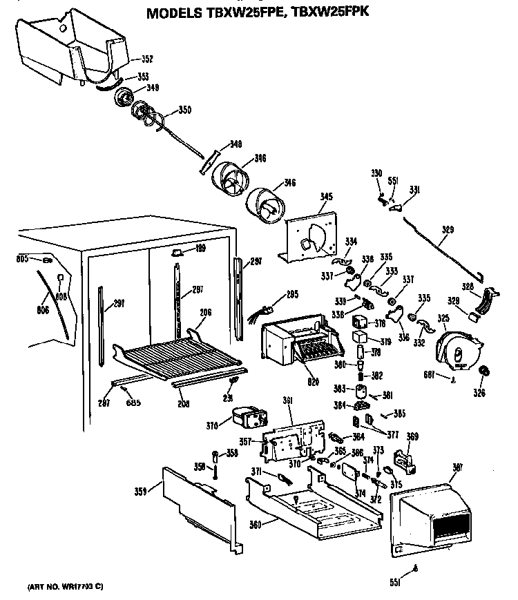 Freezer Section Diagram and Parts List for TBXW25FPERWH  General Electric Refrigerator