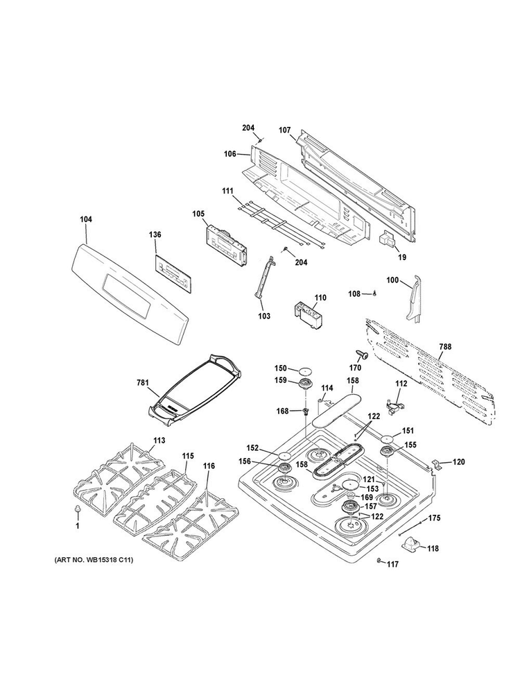 Control Panel & Cooktop Diagram and Parts List for JGB750DEF1CC  General Electric Range