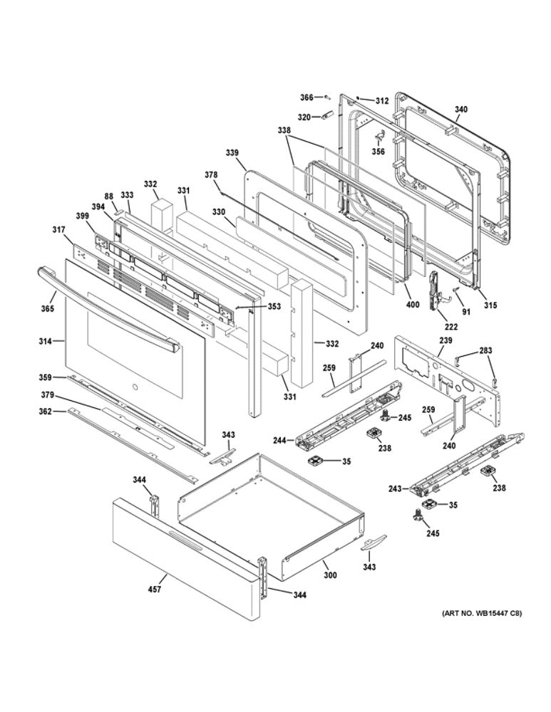 Door And Drawer Parts Diagram and Parts List for JGB660DEJ3BB  General Electric Range
