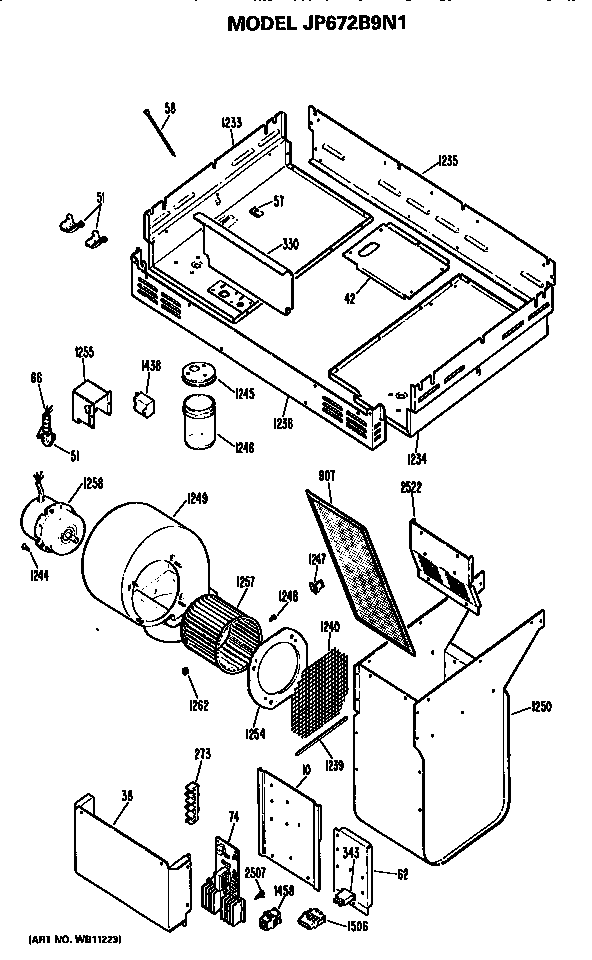 Blower Diagram and Parts List for JP672B9N1  General Electric Cooktop