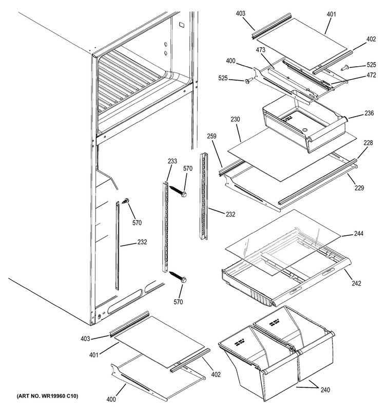 Fresh Food Shelves Diagram and Parts List for GTH18ISDLRSS  General Electric Refrigerator