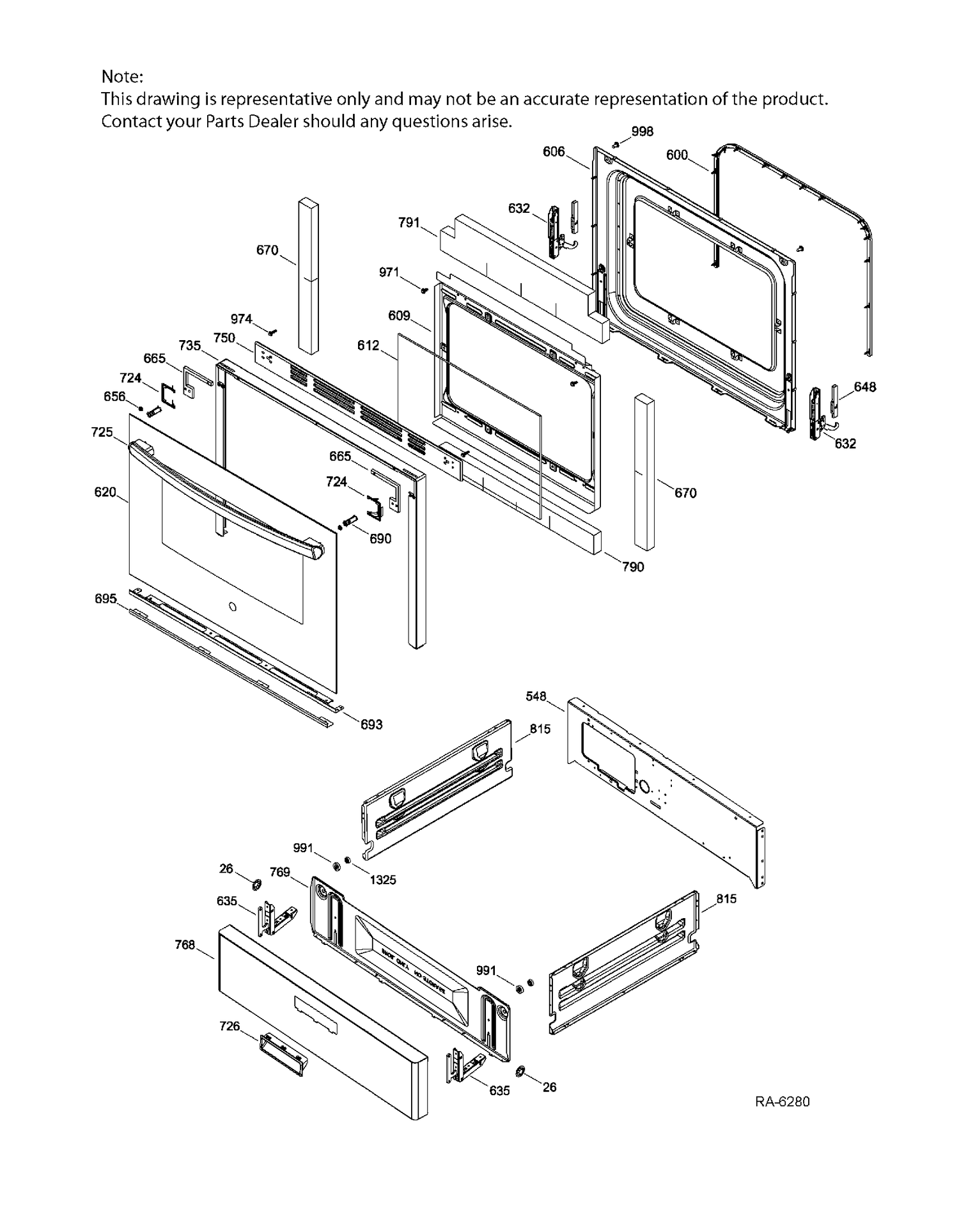 DOOR & DRAWER PARTS Diagram and Parts List for JCGBS60DEK1BB  General Electric Range