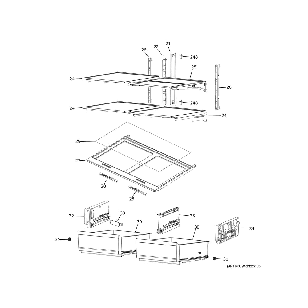 Refrigerator Shelves Diagram and Parts List for PHD23BYWBFS  General Electric Refrigerator