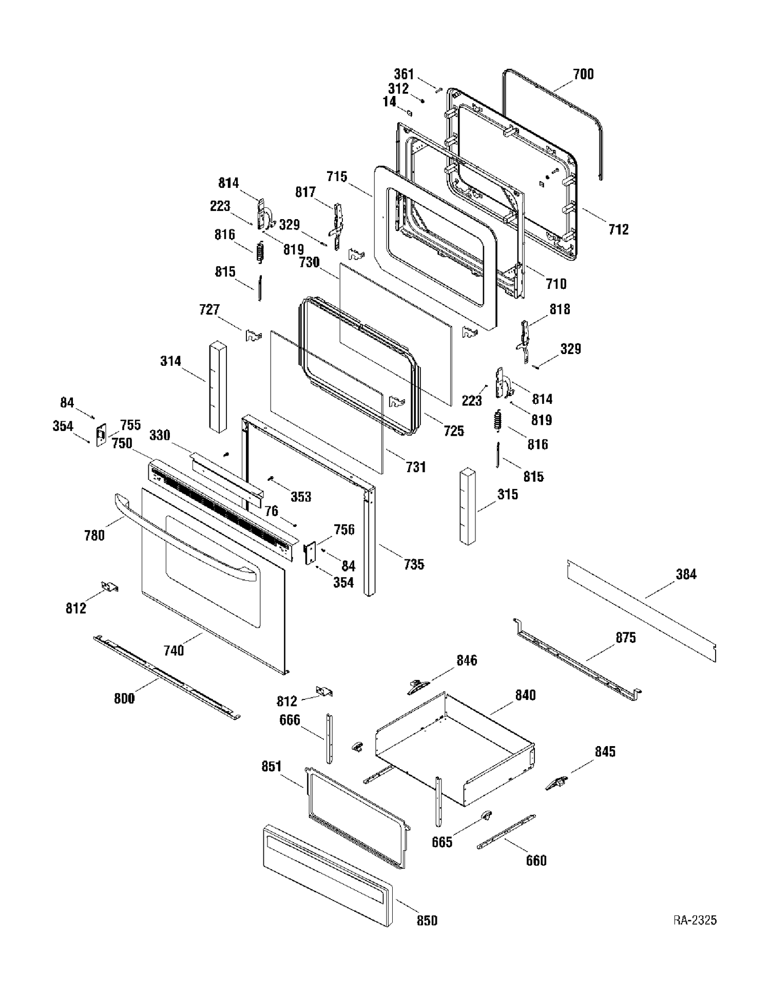 DOOR & DRAWER Diagram and Parts List for MCB787WK5WW  General Electric Range
