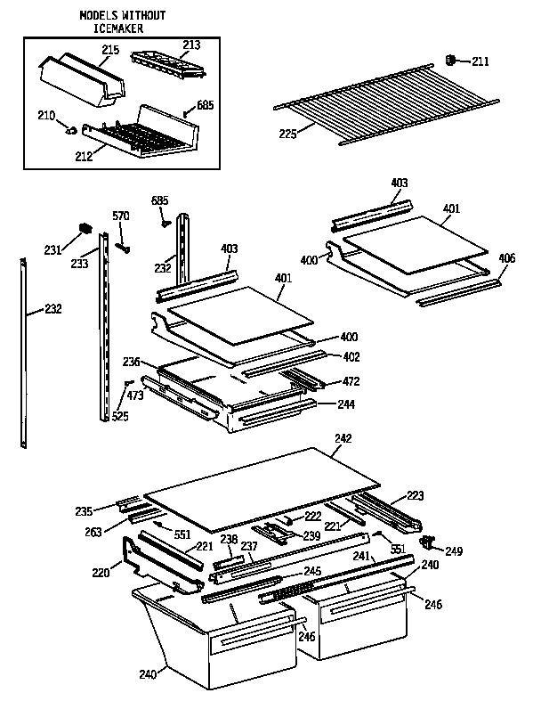 Shelf Parts Diagram and Parts List for TBT25JAXLRWW  General Electric Refrigerator