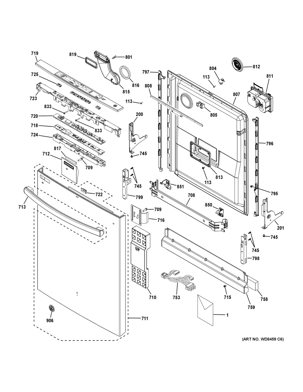 Escutcheon & Door Assembly Diagram and Parts List for GDT635HMJ6ES  General Electric Dishwasher