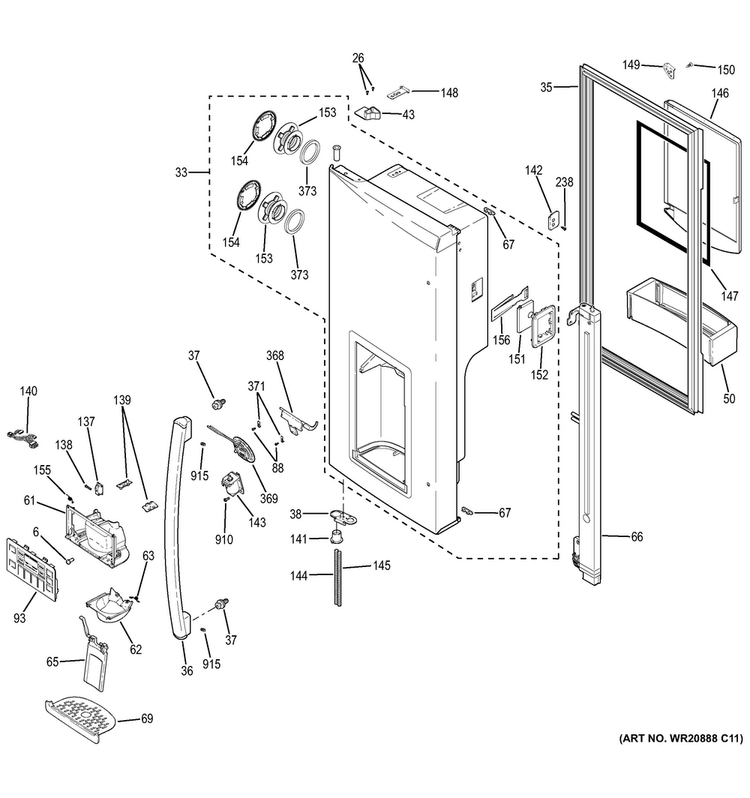 Dispenser Door Diagram and Parts List for PVS21KSEAFSS  General Electric Refrigerator
