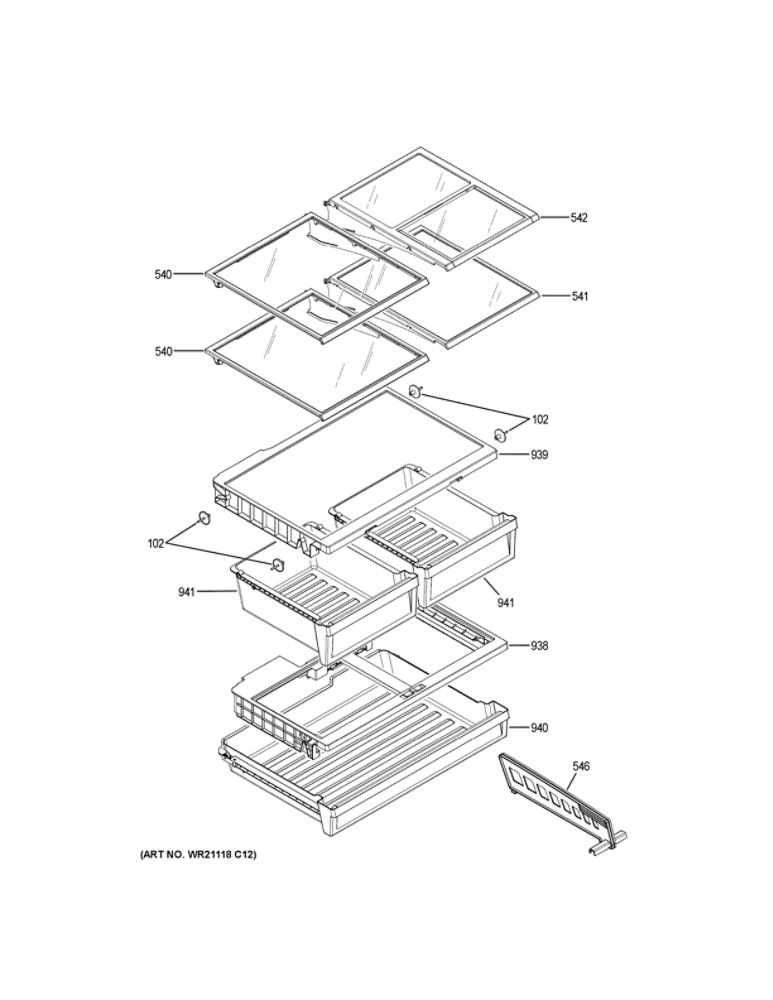 Fresh Food Shelves Diagram and Parts List for QNE27JBMNFTS  General Electric Refrigerator