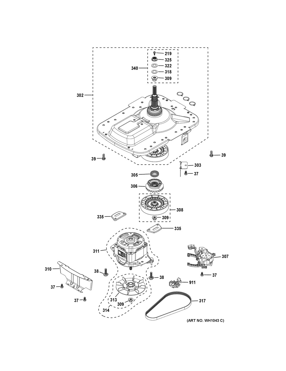Motor & Drive Assembly Diagram and Parts List for XUD27GSSM1WW  General Electric Washer Dryer Combo
