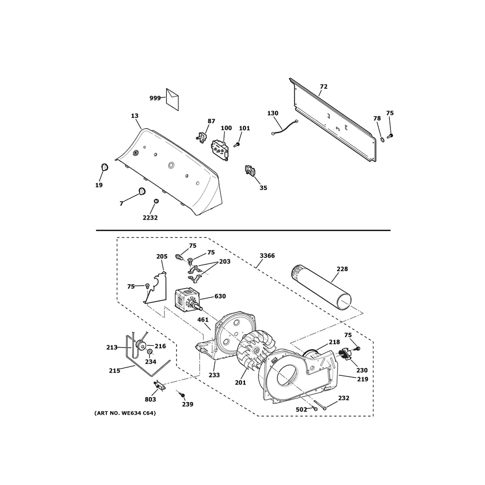 Backsplash, Blower And Motor Assembly Diagram and Parts List for HTX24EASK1WS  General Electric Dryer