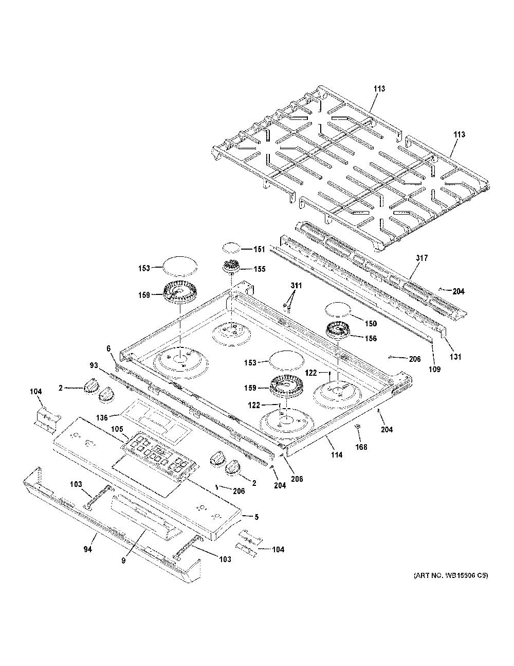 Control Panel And Cooktop Diagram and Parts List for JGSS61SP2SS  General Electric Range