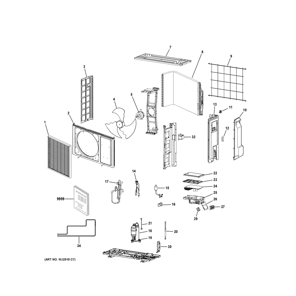 Room Air Conditioner Diagram and Parts List for 1G18AD2BEA1  General Electric Air Conditioner