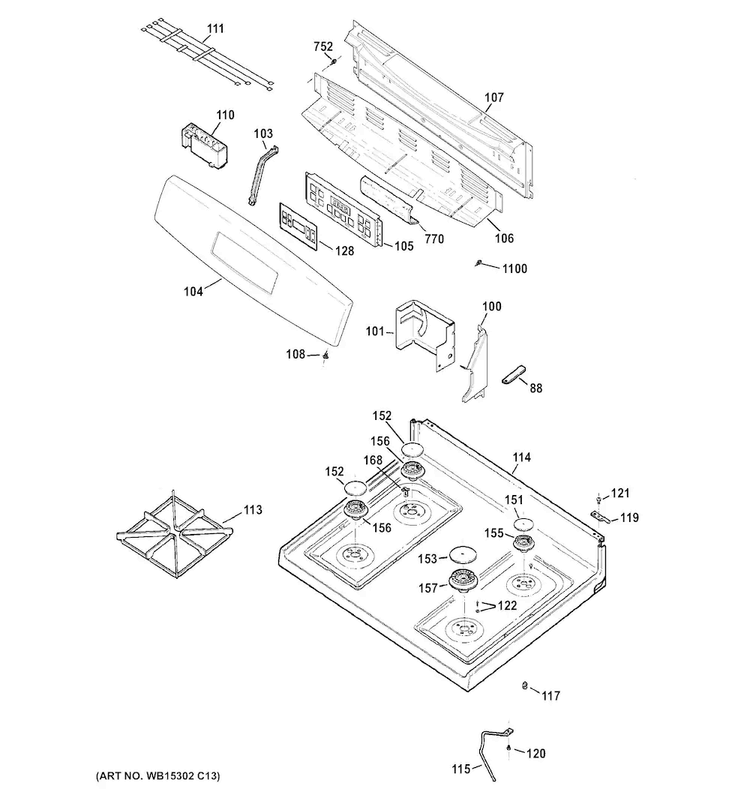Control Panel & Cooktop Diagram and Parts List for JGB620DEF2BB  General Electric Range
