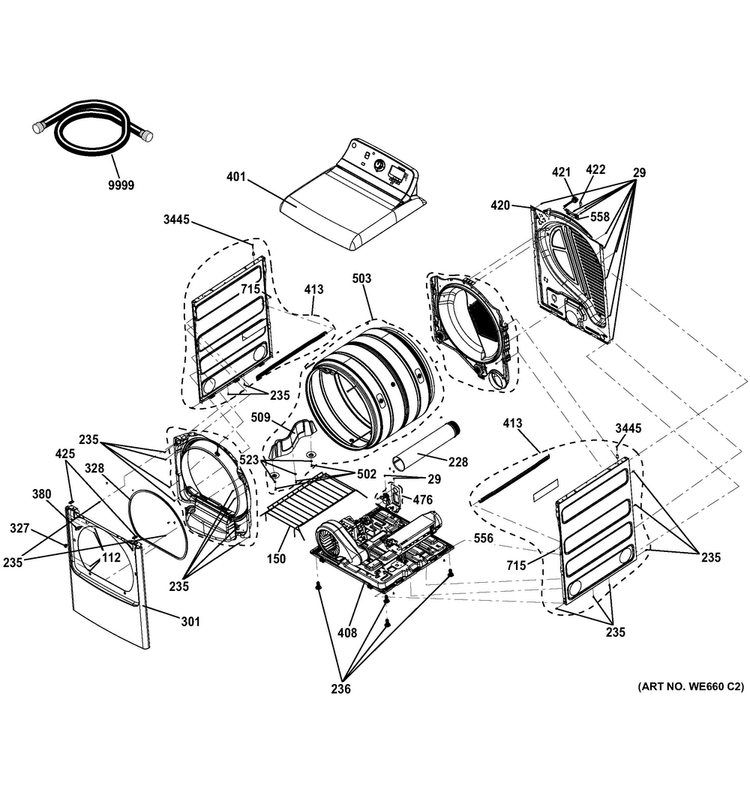 Cabinet Diagram and Parts List for GHDS830ED1WS  General Electric Dryer