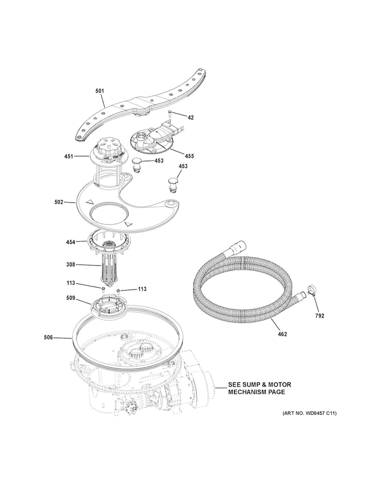 Sump & Filter Assembly Diagram and Parts List for DDT575SGF2BB  General Electric Dishwasher